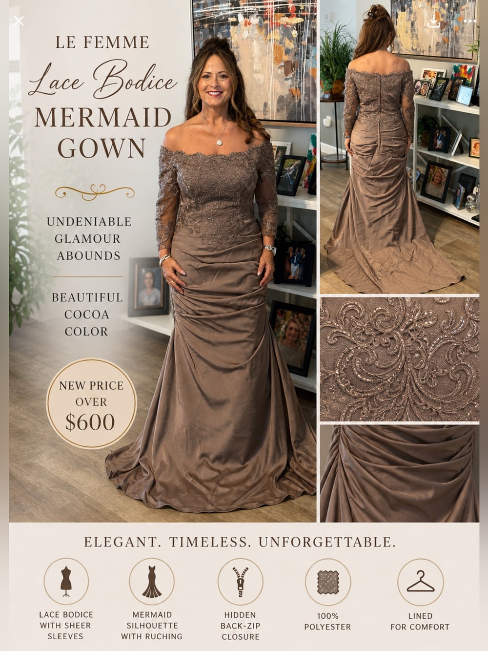 LeFemme Cocoa Lace Bodice Mermaid Gown Elegant  Dress.  Size 12 altered to a 10